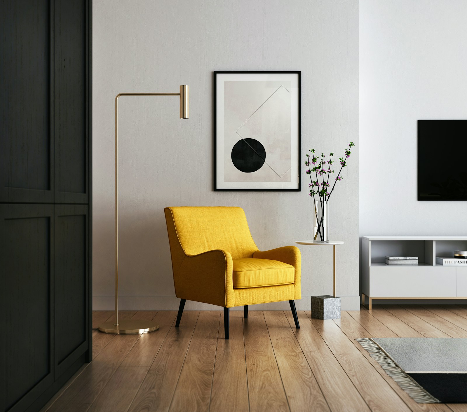 Living room corner with wall-mounted television and finished furnishings
